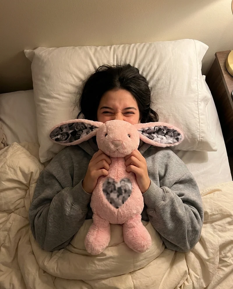 Real customer photo of the custom photo plush bunny