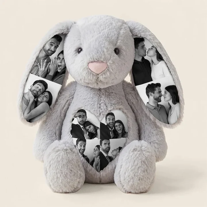 Soft grey personalised plush bunny with family photo collage ears