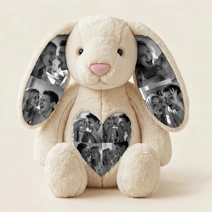 Warm cream personalised photo bunny plush with couple photos