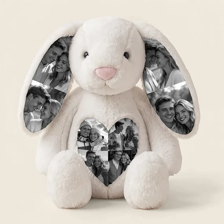 Snow white custom photo bunny keepsake with printed heart collage